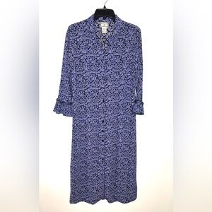 Vintage April Cornell Purple Floral Midi Shirt Dress S Ruffle sleeves Tie back
